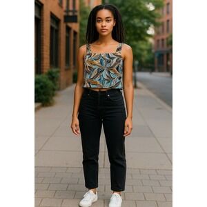 Gianni BiniCrop Top Sleeveless Square Neck‎ Abstract Leaf Print Multicolor